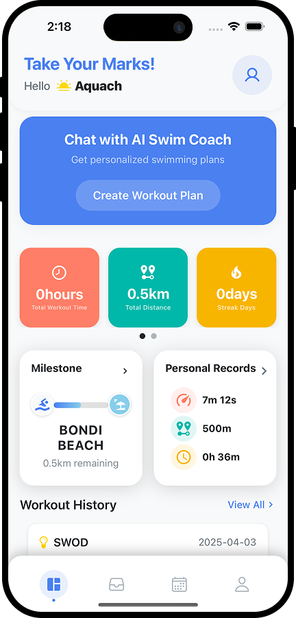 Aquach dashboard with swim coach, records and milestones