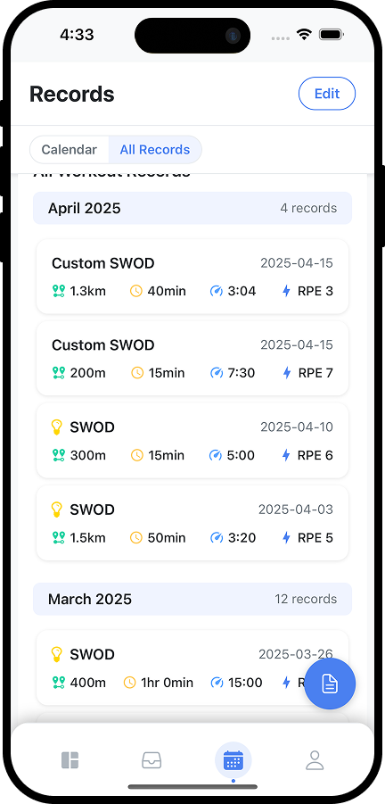 Swim workout history and totals
