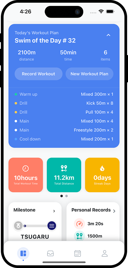 Aquach dashboard showing today’s workout and recorded progress