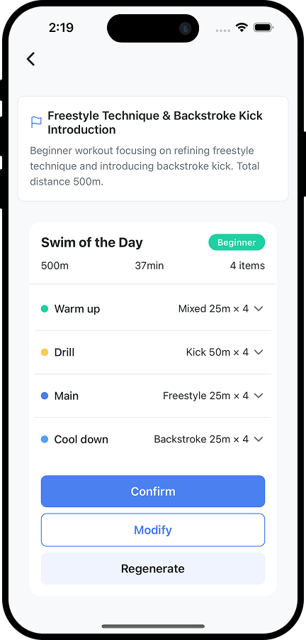 A personalized swim plan with warm-up, drills, main set and cool-down